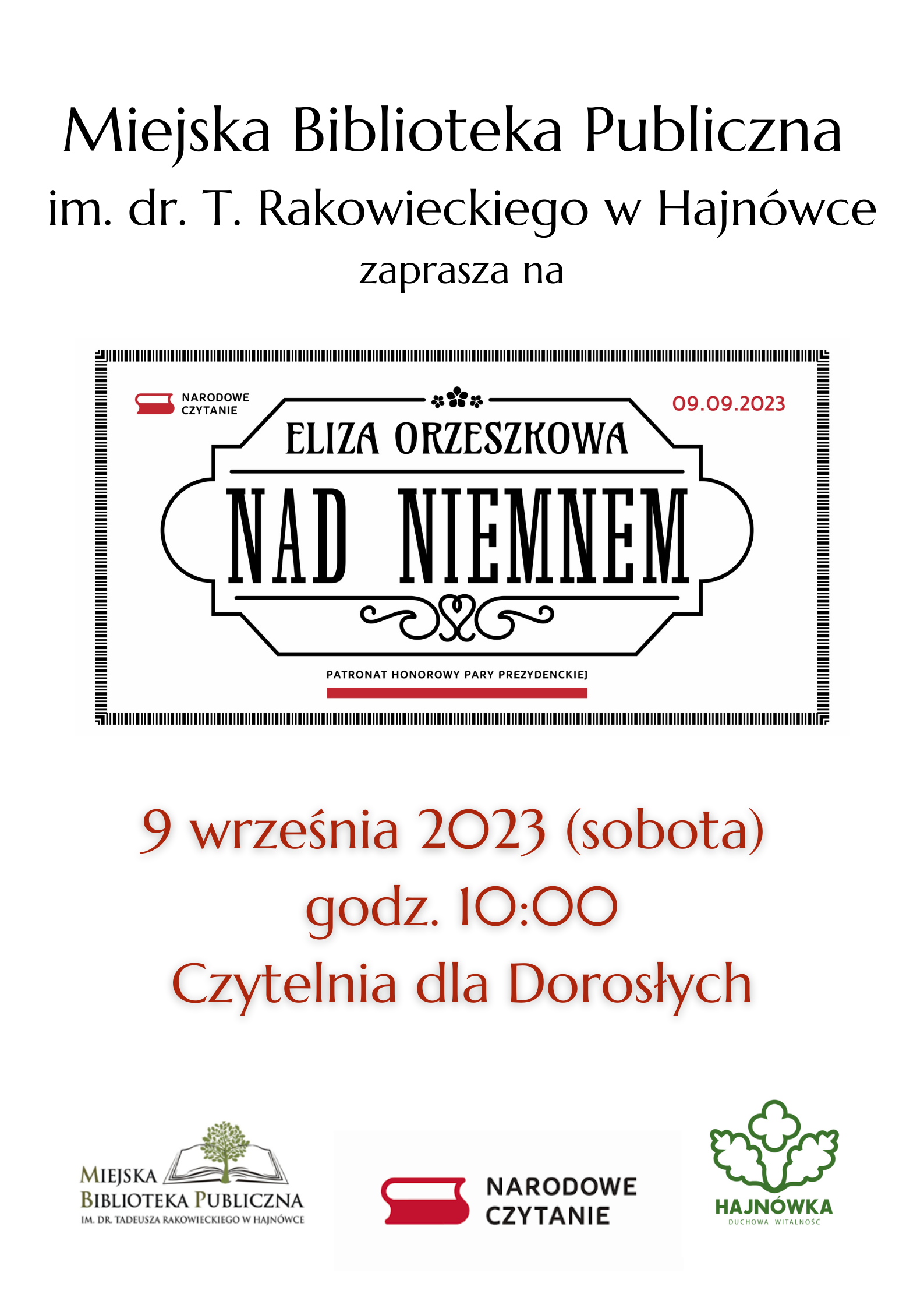 na białym tle informacja o wydarzeniu, u dołu logotypy: biblioteki, Narodowego Czytania oraz miasta Hajnówka