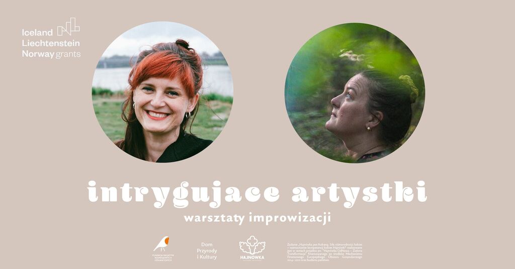 na beżowym tle w kólkach zdjęcia dwóch kobiet, prowadzacych warsztaty; poniżej nazwa wydarzenia oraz logotypy