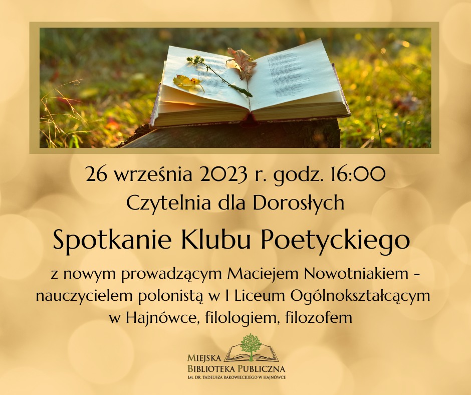 na kolorze sepii u góry zdjęcie otwartej ksiązki a wokół niej jesienne liście; pod spodem informacje o wydarzeniu
