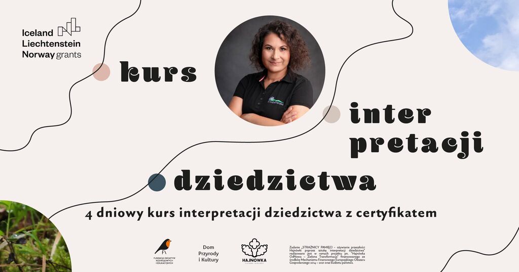 na beżowym tle w centrum w kole zdjęcie prowadzącej, wokół informacje o wydarzeniu i logotypy organizatorów, instytucji finansującej