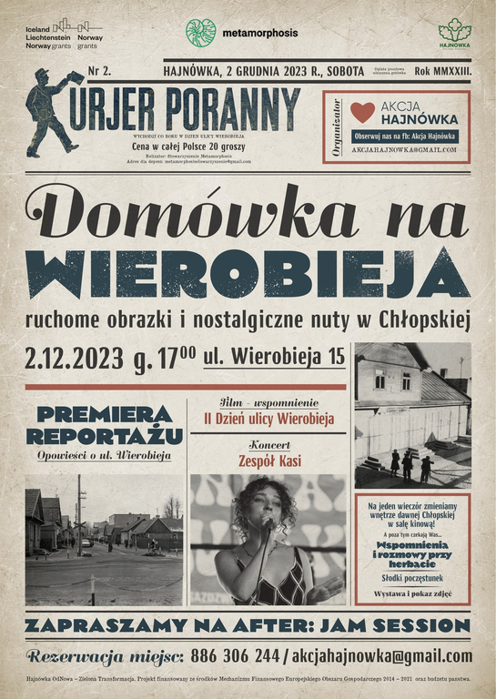 plakat w stylu starej gazety, stylu retro, na nim informacje o wydarzeniu oraz trzy zdjęcia czarno-białe dawnej Hajnówki