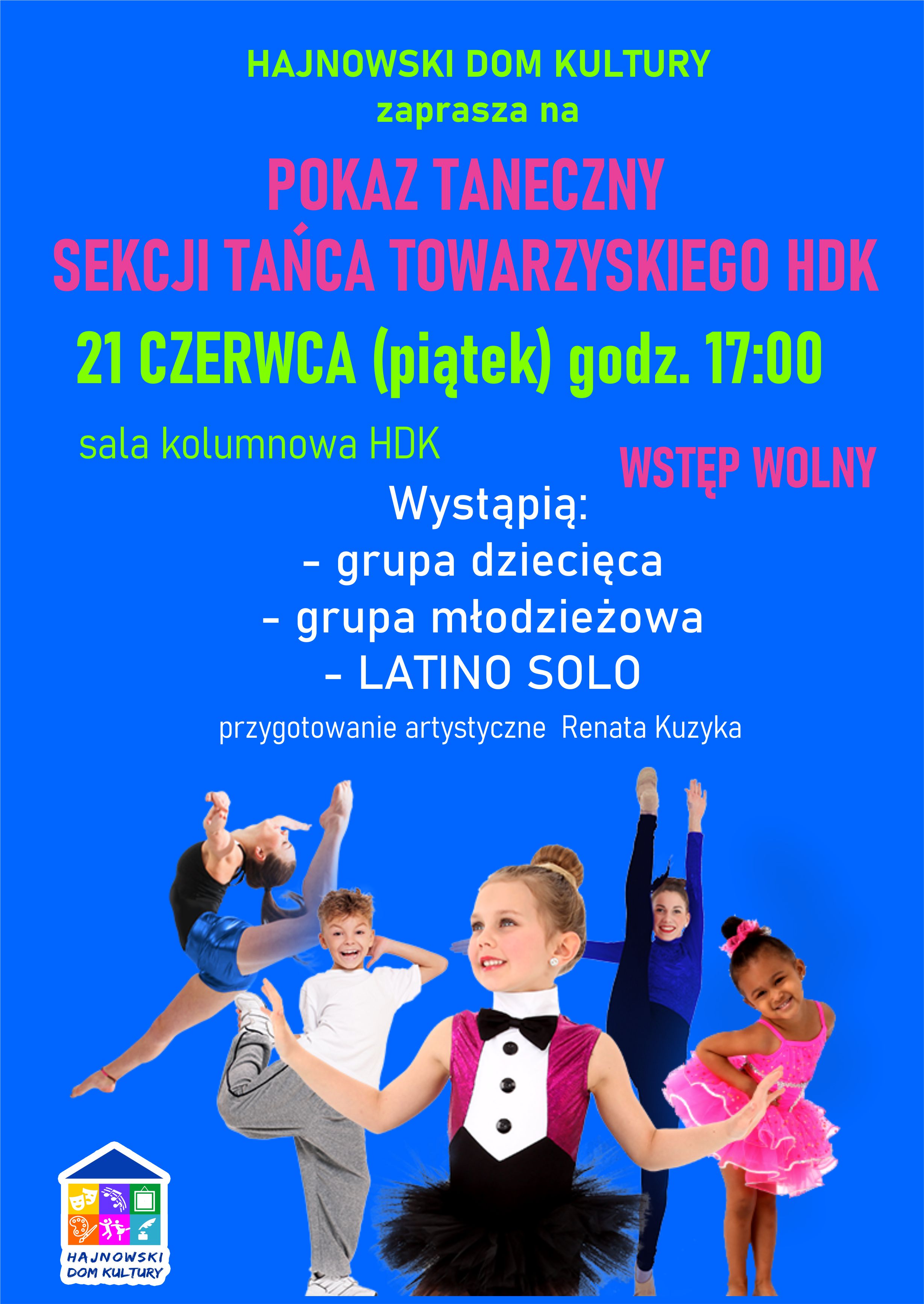 plakat wydarzenia, na niebieskim tle informacje o pokazie oraz grafika tańczących dzieci
