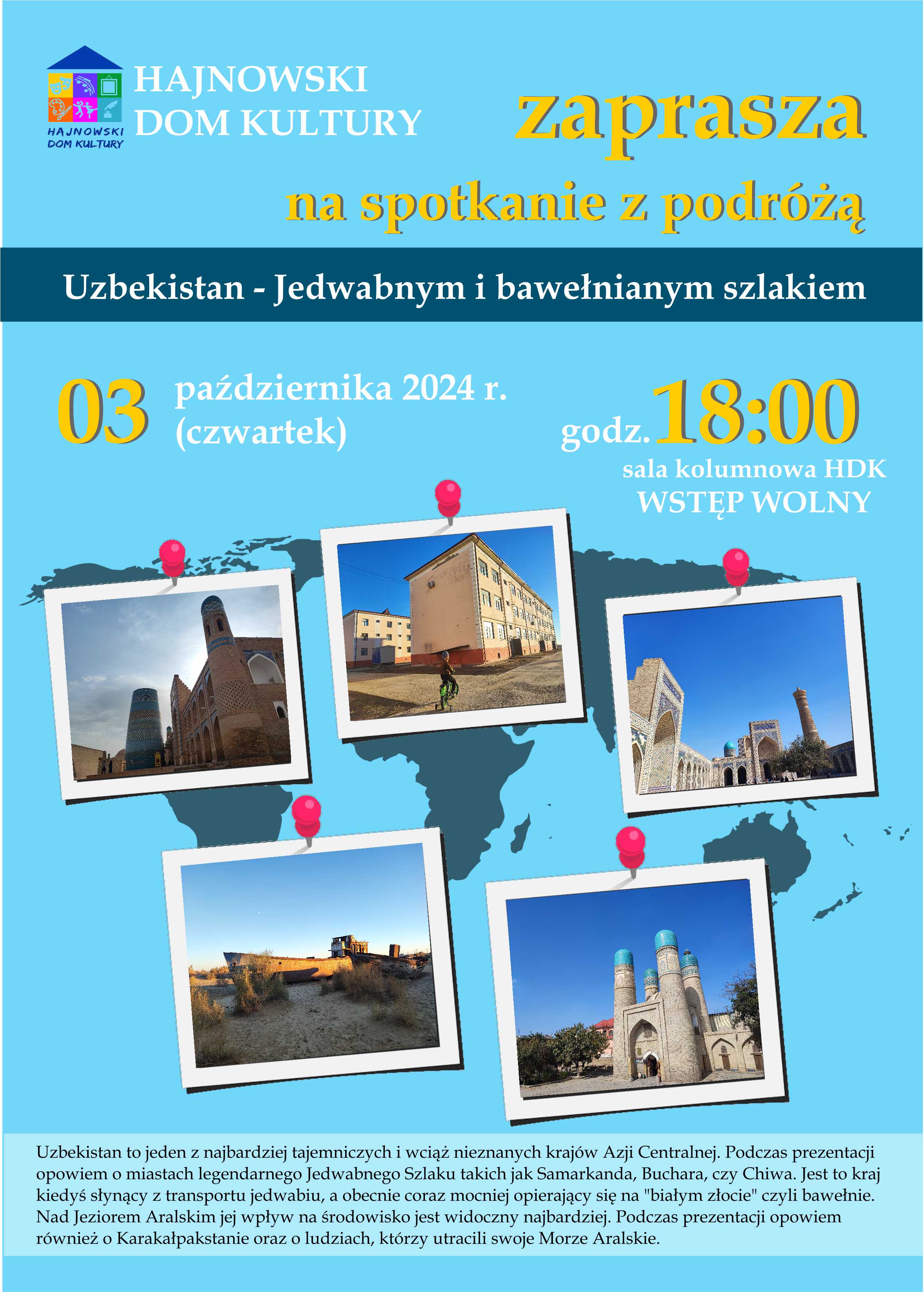 na błękitnym tle zdjęcia z Uzbekistanu i informacje o wydarzeniu