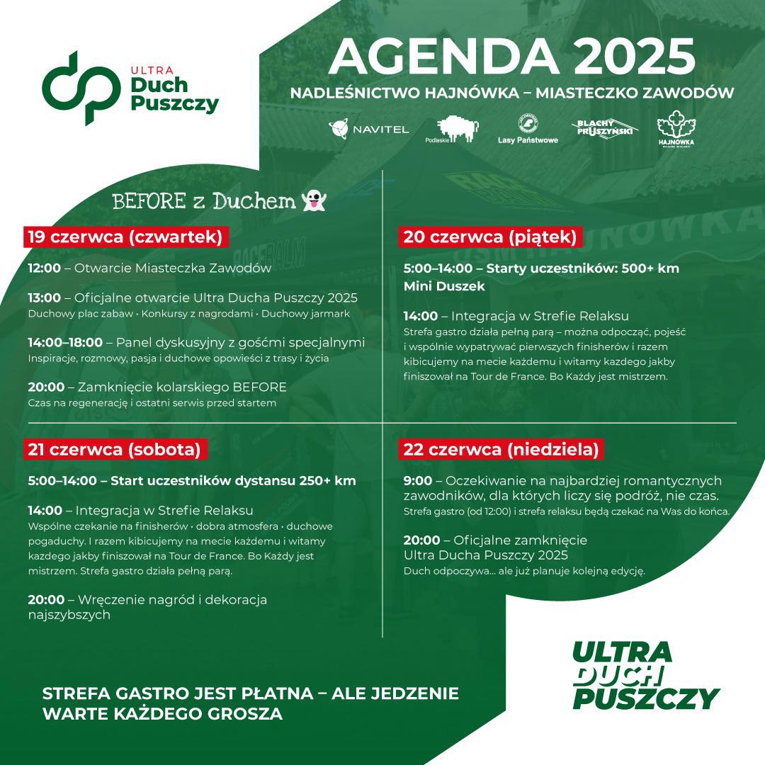 biało zielony plakat z nazwą wydarzenia oraz programem na cztery dni