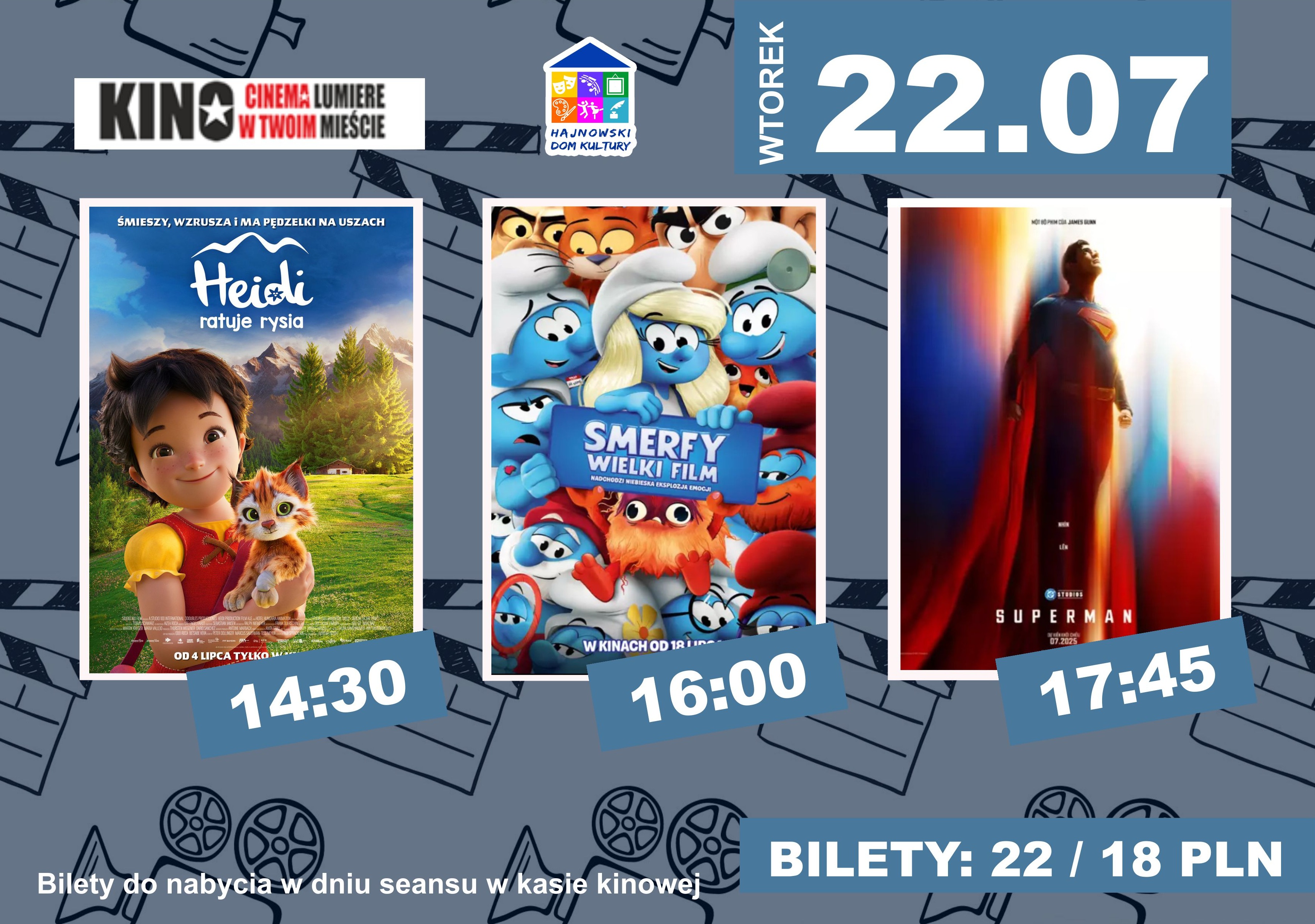 trzy plakaty reklamujące film, loga, data i godzina seans&oacute;w, ceny bilet&oacute;w