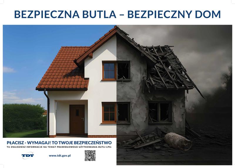grafika domu podzielonego na pół (prawa strona przedstawia dom po wybuchu gazu)