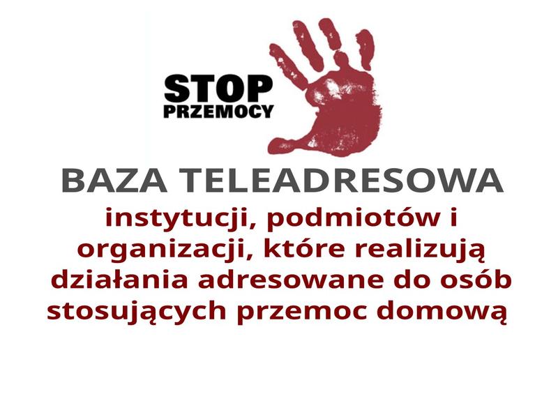 grafika czerwonej dłoni i napis STOP PRZEMOCY oraz BAZA TELEADRESOWA