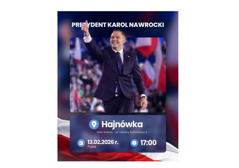 zdjęcie Prezydenta Polski przy m&oacute;wnicy oraz informacja o spotkaniu w Hajn&oacute;wce