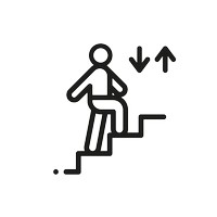 postać człowieka idącego po schodach w górę, z prawej strony przy postaci dwie strzałki wskazujące ruch w górę i dół