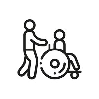 postać osoby siedzącej na wózku inwalidzkim, za nią stoi jej asystent