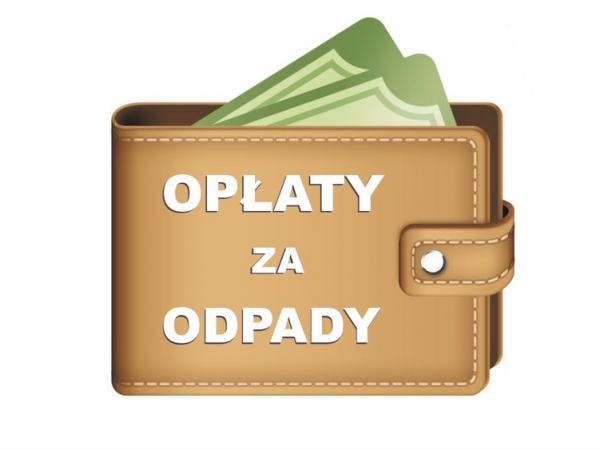 grafika skórzanego portfela,z krórego wystaja dwa banknoty oraz biały napis: OPŁATY za ODPADY