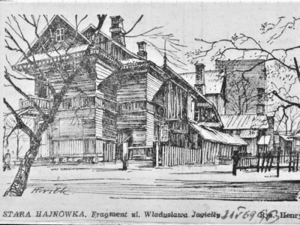 Rysunek czarno-biały przedstawiający duży drewniany dom, fragment ulicy oraz drzewaz podpisem Fragment ul. Władysława Jagiełły. Rys. H. Wilk (21.05.1969, Gazeta Białostocka)