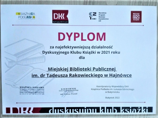 Dyplom za najefektywniejszą działalność z logami i podpisami organizatorów