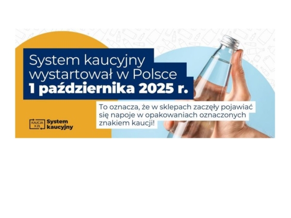 Grafika butele plastukowych oraz napisy System kaucyjny obowiązuje od października 2025 roku