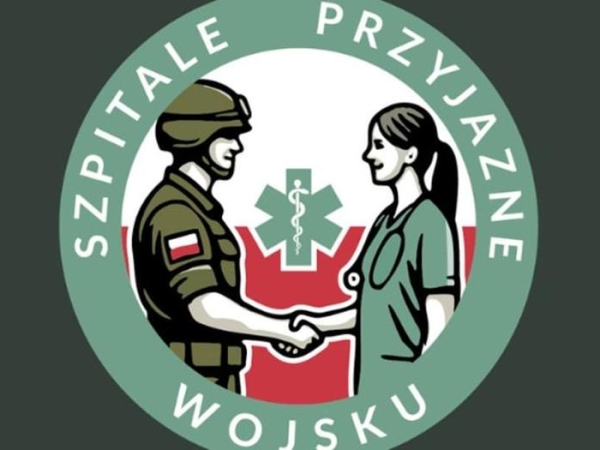 grafika żołnieża podającego rękę lekarzowi oraz napis SZPITALE PRZYJAZDE WOJSKU