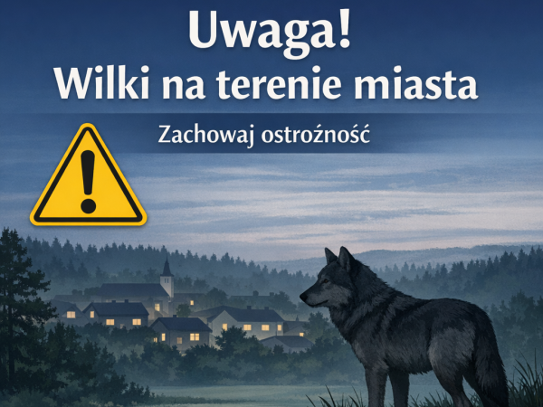 Grafika przedstawiająca ostrzeżenie przed wilkami w mieście