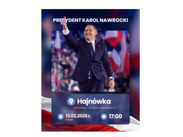 zdjęcie Prezydenta Polski przy mównicy oraz informacja o spotkaniu w Hajnówce