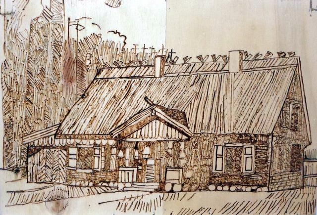 grafika przedstawiająca starą wiejską drewnianą chatę