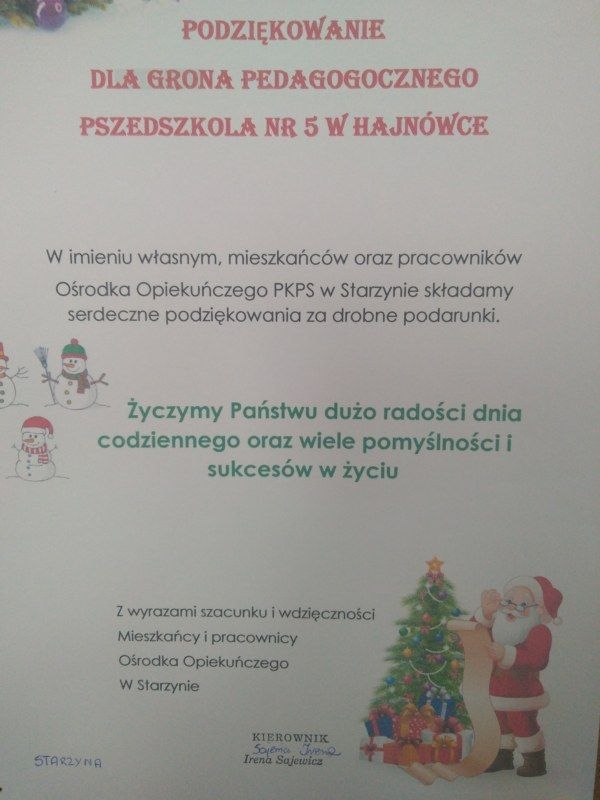 Zdjęcie przedstawia fotografię podziękowania dla grona pedagogicznego Przedszkola nr 5 od mieszkańców i pracowników PKPS w Starzynie.