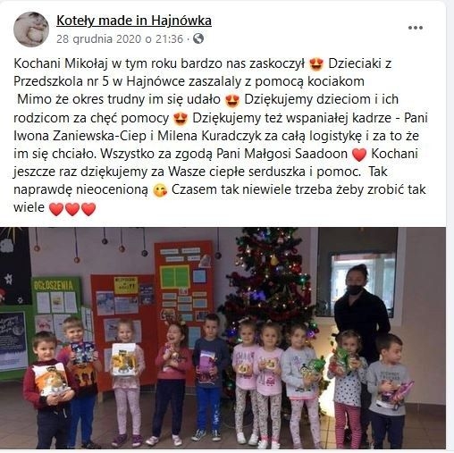 Zdjęcie przedstawia screenshoot z profilu Koteły made in Hajnówka - jest na nim podziękowanie przedszkolakom za akcje zbierania karmy i zdjęcie dzieci trzmających paczki z jedzeniem.