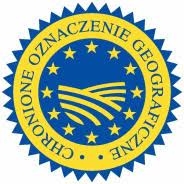 Logo w kształcie niebiesko – żółtego koła. Po środku żółto – niebieskie wstęgi, wokół nich dwanaście gwiazdek i napis: Chronione Oznaczenie Geograficzne.