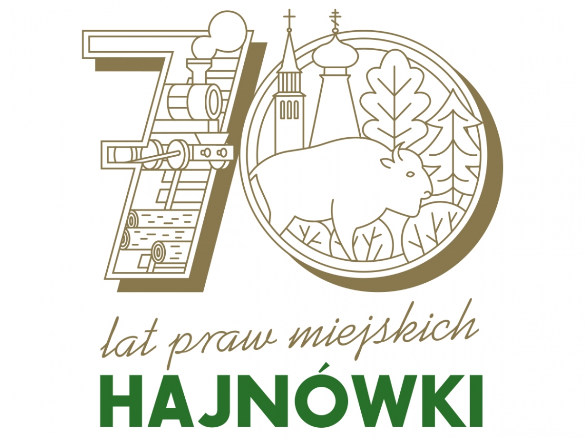 Logo na białym tle: na górze liczba 70 z kolażu rysunków z miejscami związanymi z Hajnówką, poniżej napis: lat praw miejskich Hajnówki.