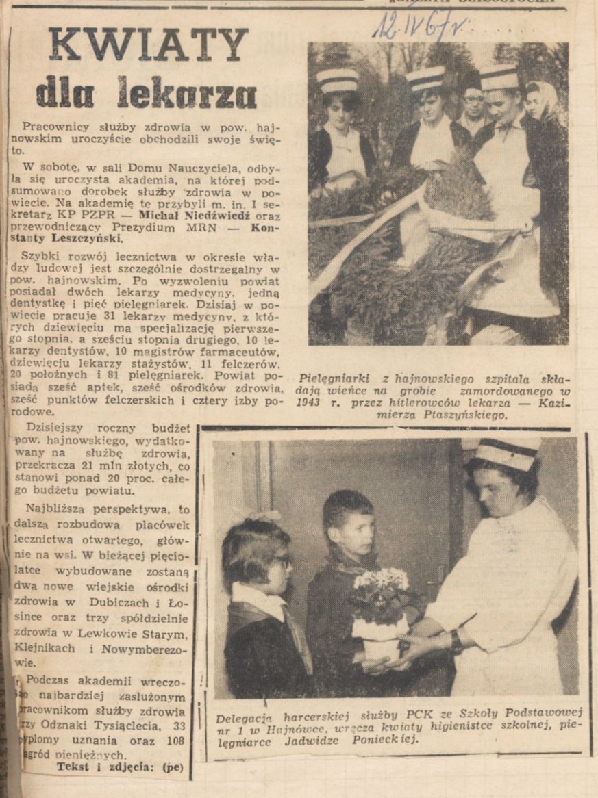 Skan fragmentu gazety z artykułem: KWIATY DLA LEKARZA (12.04.1967) i dwoma zdjęciami