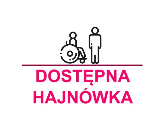 grafika dwie postacie - jedna na wózku inwalidzkim, druga stoi, pod spodem napis DOSTĘPNA HAJNÓWKA
