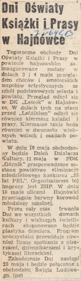 Tekst artykułu: DNI OŚWIATY, KSIĄŻKI I PRASY W HAJNÓWCE (7.05.1969, Gazeta Białostocka)