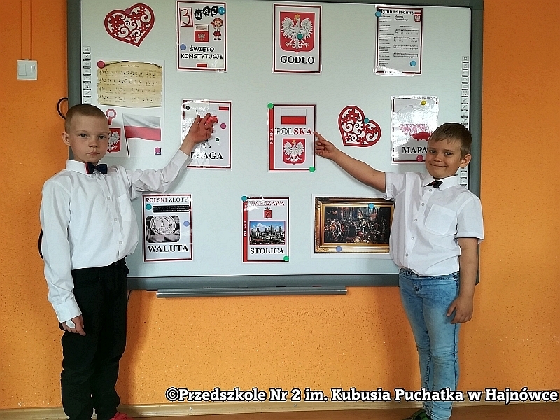 Dwoje dzieci pokazuje wystawę ścienną