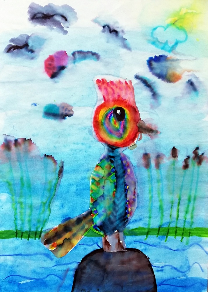 Grafika. kolorowy ptak namalowany akwarelą.