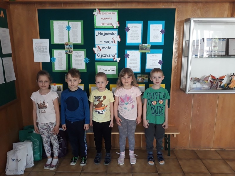 Uczestnicy i organizatorzy konkursu na tle wystawy wierszy.