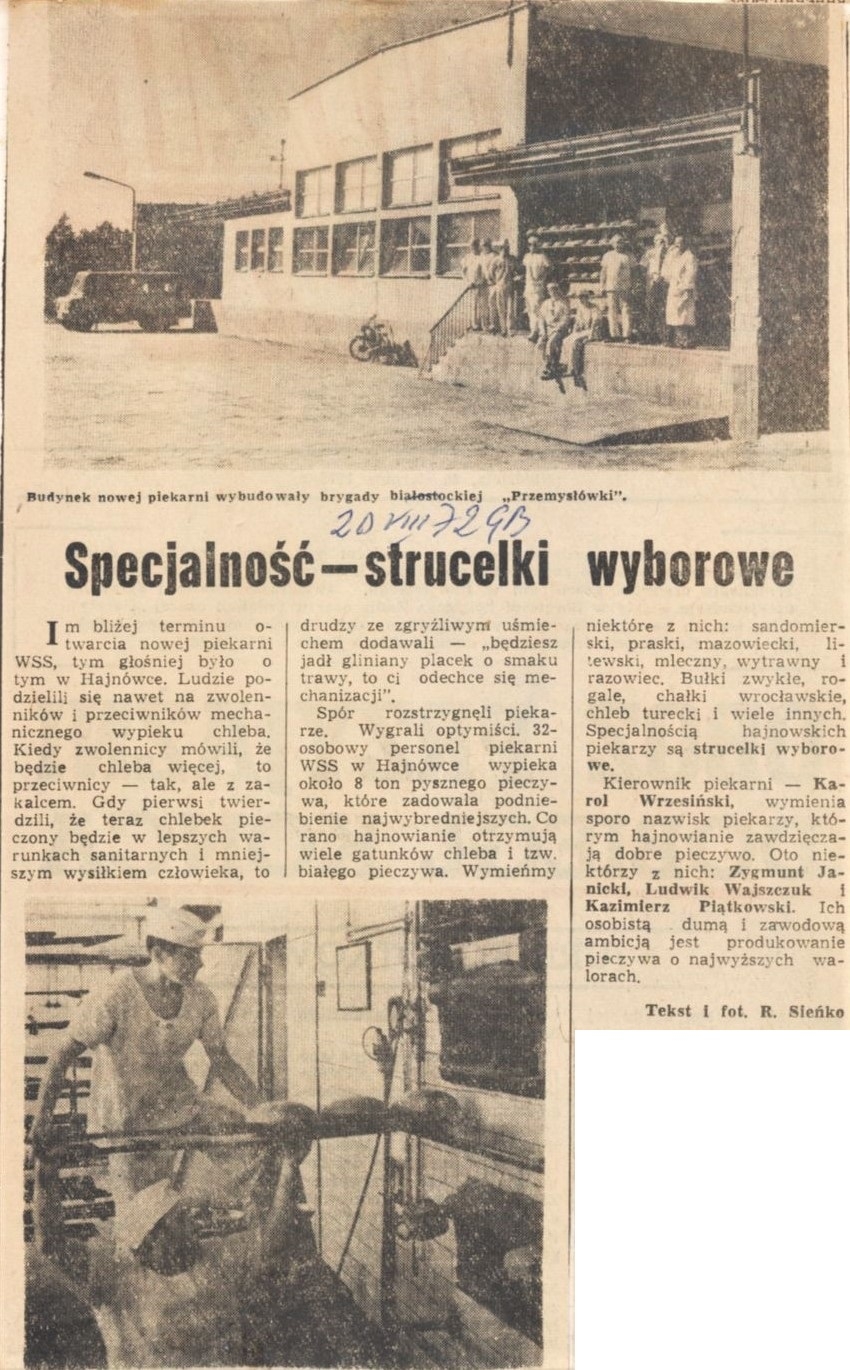 Zdjęcie nad tekstem: świeżo upieczony chleb wędruje do koszy, by już za kilka godzin znaleźć się na sklepowych półkach. [skan czarno-białego zdjęcia prasowego; dwóch mężczyzn ubranych na biało rozkłada chleb do koszy]  Zdjęcie pod tekstem: Przy obsłudze nowoczesnego pieca piekarniczego. [skan czarno-białego zdjęcia prasowego; na zdjęciu widoczna osoba ubrana na biało, stoi na specjalnych schodkach przy wysokim, trzy komorowym piecu piekarniczym, w ręku trzyma podajnik do wkładania pieczywa do pieca]