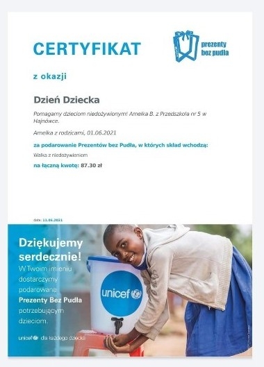 certyfikat potwierdzający zakup „Prezentu bez Pudła” przesłany przez jednego z rodziców.