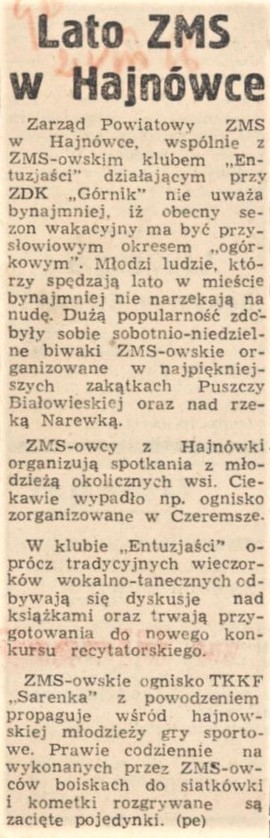Wycinek skanu gazety. Tytuł artykułu "Lato ZMS w Hajnówce"
