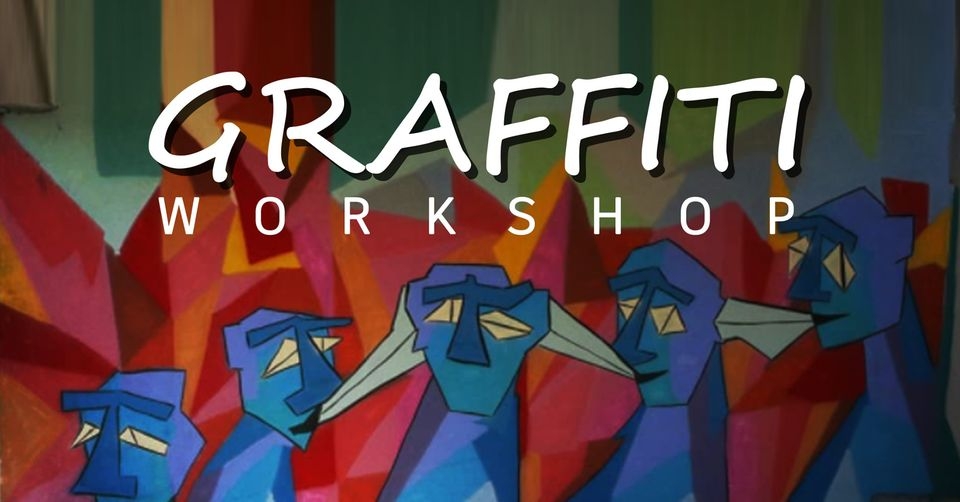 barwny plakat przedstawiający graffiti - niebieskie stworki na kolorowym tle; u góry biały napis Graffiti workshop