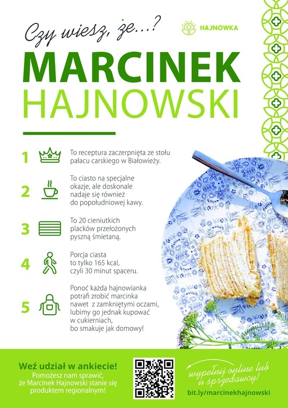 Zaproszenie do udziału w ankiecie zawiera kod QR, logo, znaki kraficzne i zdjęcie ciasta marcinka