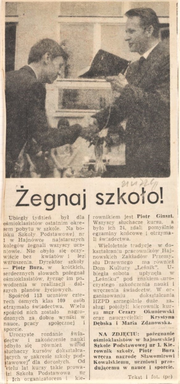 Wycinek skanu gazety. Tytuł artykułu "Żegnaj szkoło"