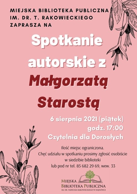 różówy plakat z grafiką roślinną, informacjami o wydarzeniu i logo organizatora