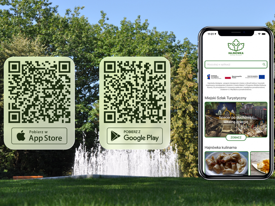 na tle fontanny i zieleni parku QR kody oraz zrzut ekranu aplikacji 