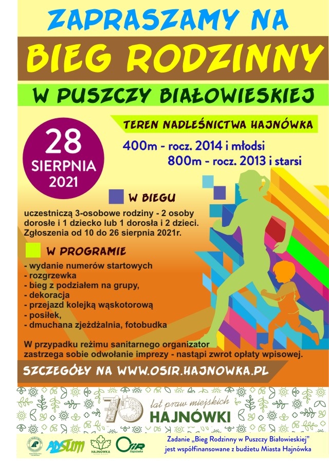 plakat wydarzenia; barwny z grafika biegnących osób i informacjami dotyczącymi terminu, miejsca imprezy