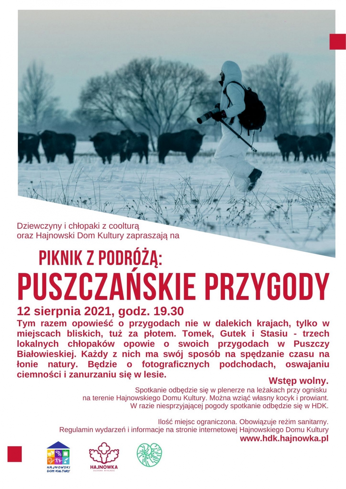 w górnej części plakatu znajduje się zdjecie fotografa z żubrami w tle w zimowej scenerii. Na dole znadują się informacje o wydarzeniu oraz loga organizatorów