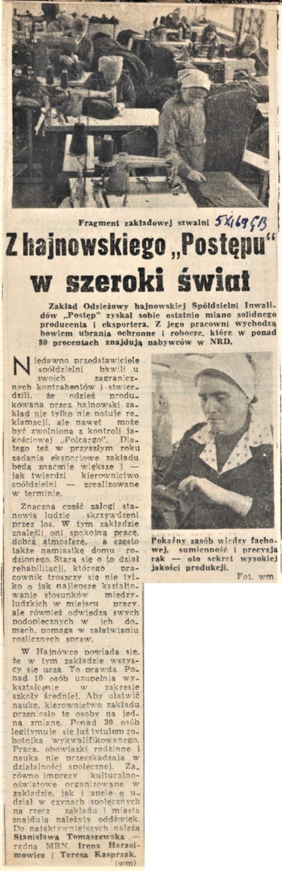 Wycinek skanu gazety z artykułem "Z Hajnowskiego postępu w szeroki świat"