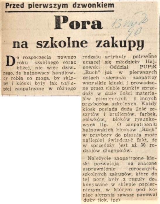 Wycinek skanu gazety z artykułem "Pora na szkolne zakupy"