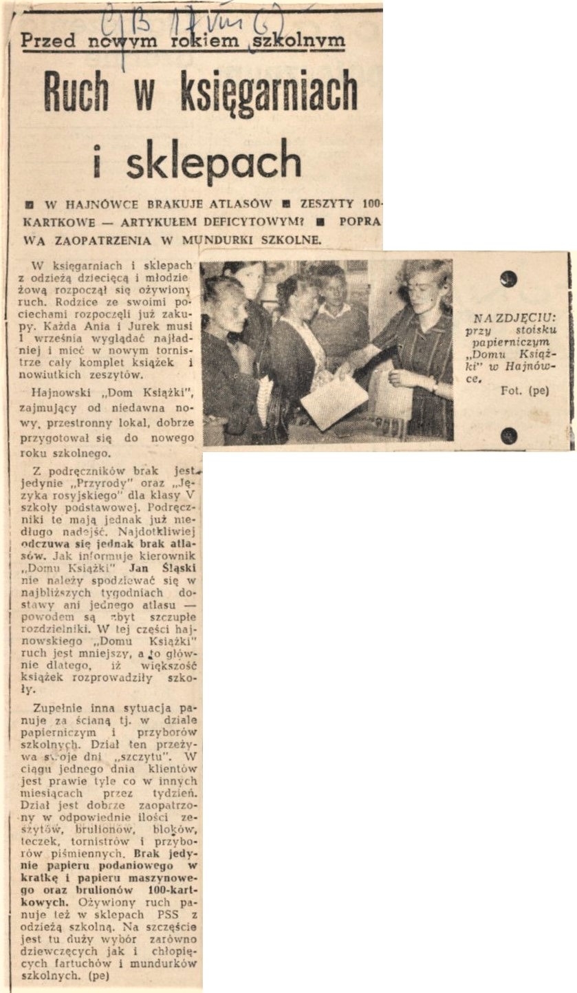 Wycinek skanu gazety z artykułem "Ruch w księgarniach i sklepach"
