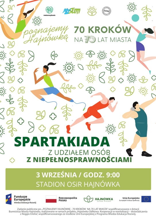 plakat wydarzenia w kolorach bieli i zieleni; w tle grafiki ćwiczących osób oraz informacjie o zawodach