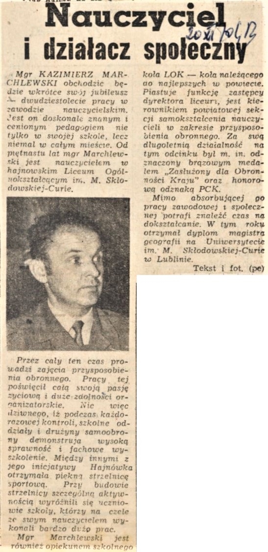 Wycinek skanu gazety. Tytuł artykułu "Nauczyciel i działacz społeczny"