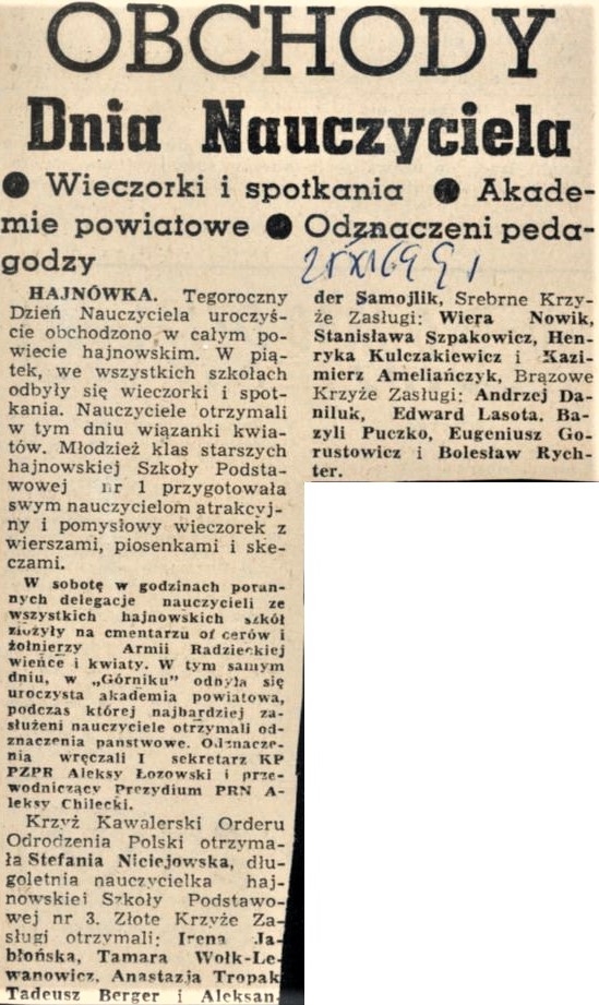 Wycinek skanu gazety. Tytuł artykułu "Obchody Dnia Nauczyciela"