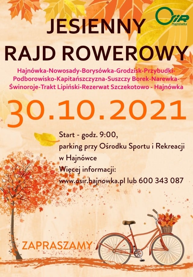 plakat wydarzenia; w tle jesienna grafika; u góry nazwa Jesienny Rajd Rowerowy; poniżej na pomarańczowo data 30 października 2021; niżej informacje takie jak termin, miejsce startu
