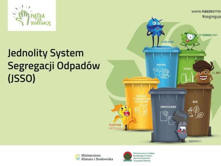 kolorowe kosze na odpady komunalne oraz loga i naspis Jednolity System Segregacji Odpadów (JSSO)
